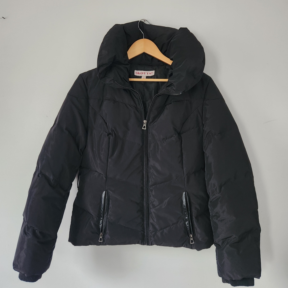 Women's Black Puffer Jacket Zipper Pockets, Leather Patches Large